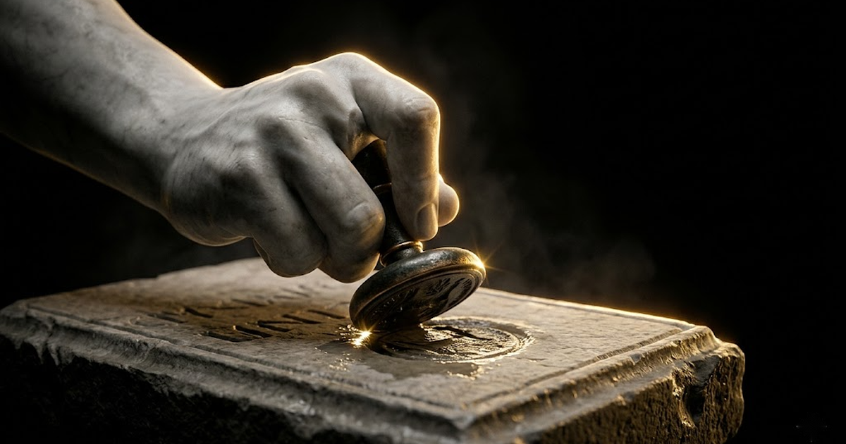 A marble hand pressing a wax seal onto a stone tablet, lit by gold rim light against void black