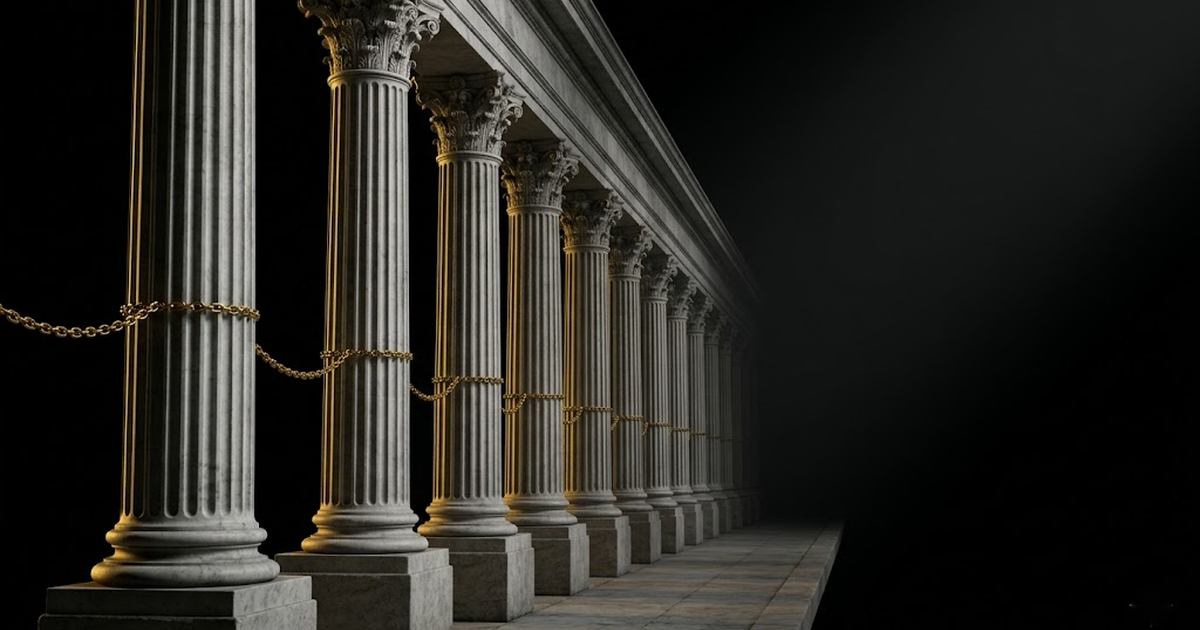 A long marble colonnade receding into darkness with each column linked by a faint gold chain