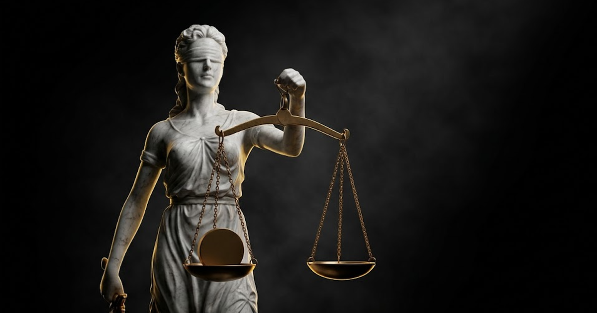 A marble figure of Themis holding empty scales, one pan weighted by a heavy bronze disc the figure cannot see into, lit by hard gold rim light against void black