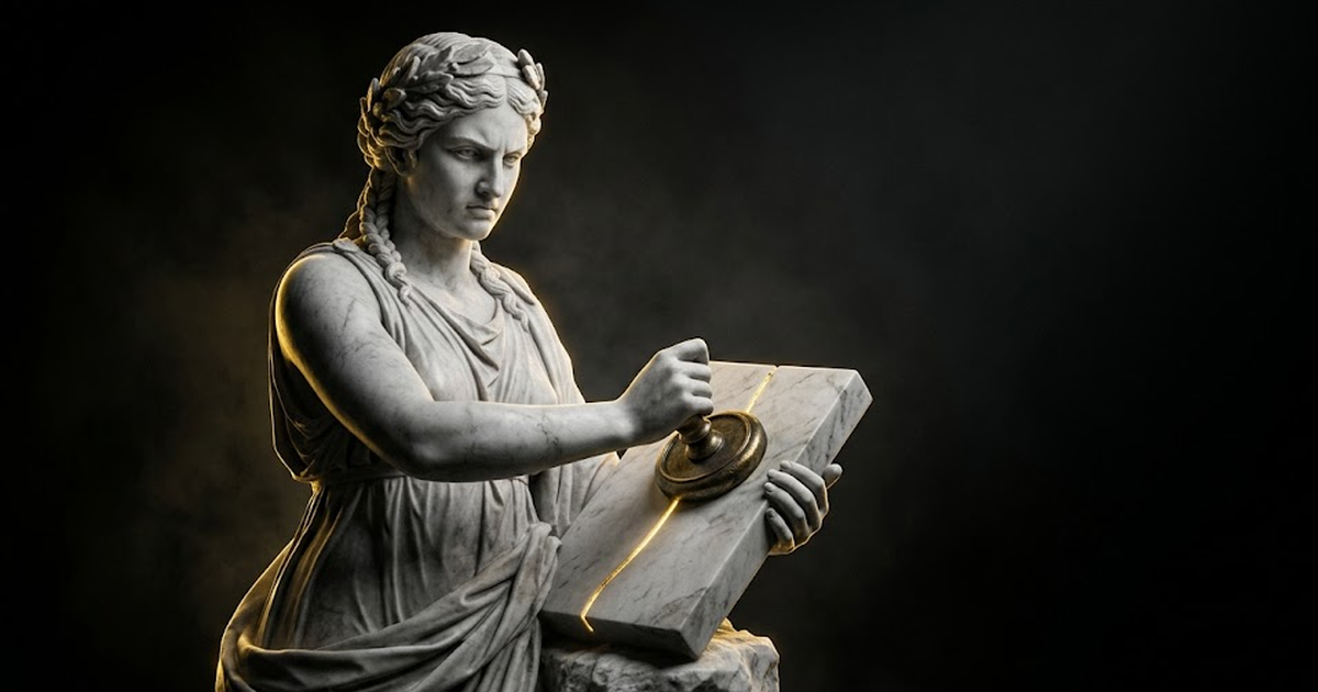 Mnemosyne, goddess of memory, carved in white marble, pressing a seal into a tablet that glows with cold gold light, her face severe in cinematic chiaroscuro against pure black