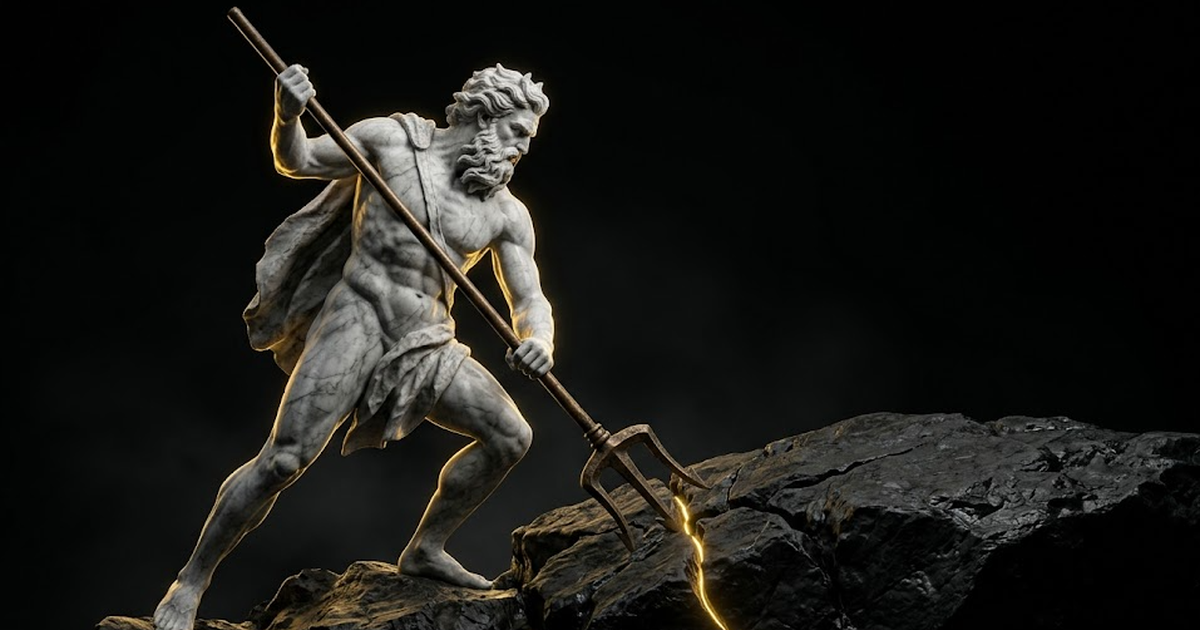 Poseidon in carved marble driving a trident deep into bedrock, gold light tracing a single thread from the trident down into the stone, vast dark negative space around him