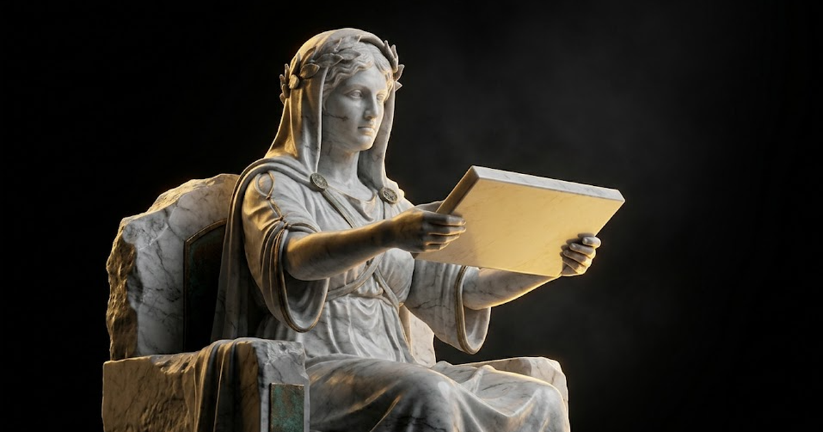 The Delphic Oracle as a marble seer holding a glowing gold tablet outward toward the viewer, offering it to be read, dramatic rim light, deep void-black surround