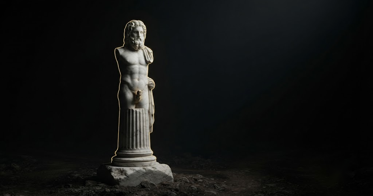 Classical marble scene, Hermes, gold rim light on void black