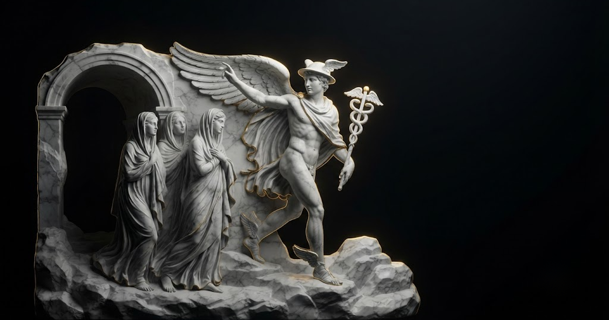 Classical marble scene, Hermes, gold rim light on void black