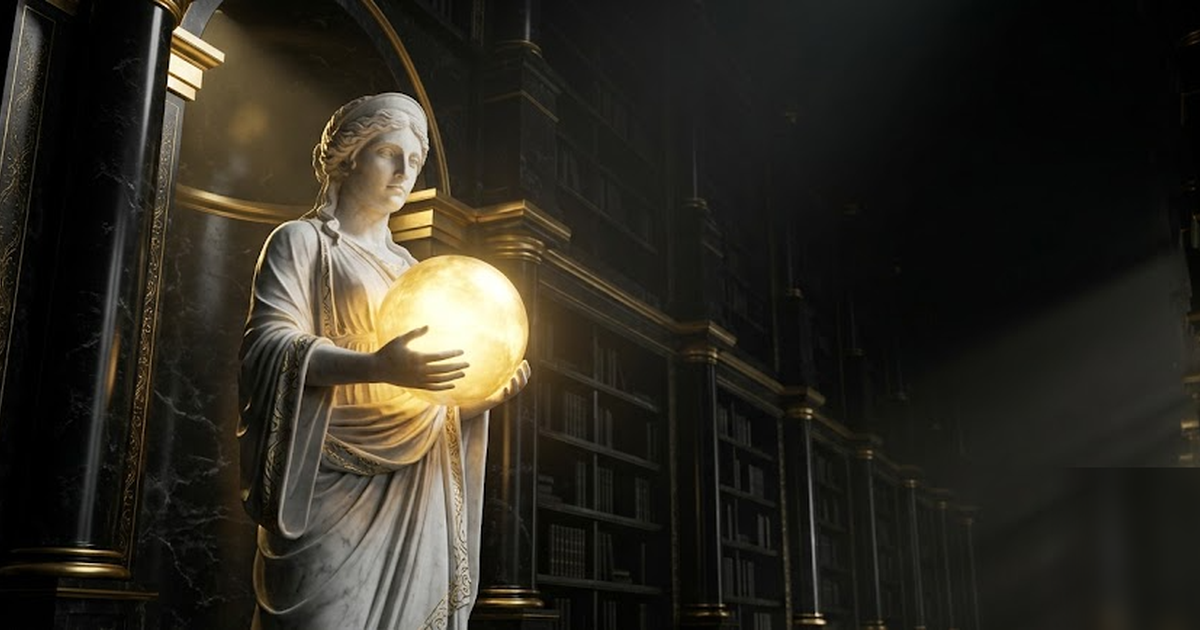 Mnemosyne goddess of memory cradling a glowing golden orb of accumulated knowledge inside a vast black marble archive, cinematic Greek pantheon, void-black and satin-gold, dramatic lighting, frameless