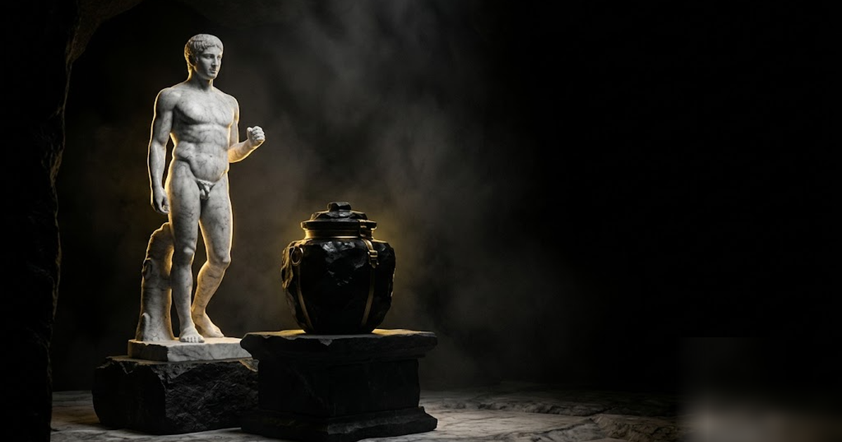 An alchemist's golden elixir sealed in an obsidian vessel guarded by a Greek statue, faint gold glow contained within black stone, cinematic, void-black and satin-gold, frameless, no text, no UI, no w