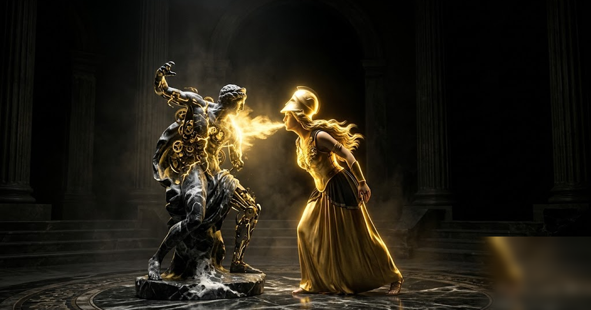 Athena breathing golden light into a black marble statue that comes alive, representing knowledge becoming an engine, cinematic Greek pantheon, void-black and satin-gold, chiaroscuro, frameless, no te