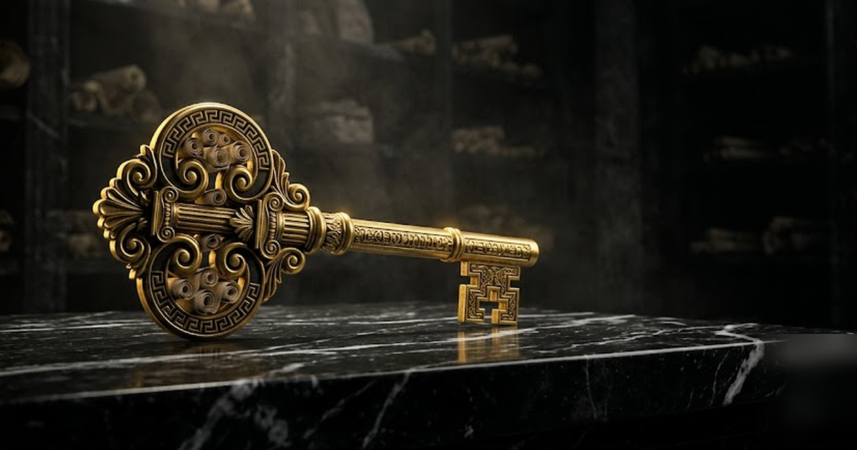 A unique golden key forged from a firm's own archive scrolls, resting on black marble, no copy possible, cinematic Greek aesthetic, void-black and satin-gold, frameless, no text, no people, no waterma