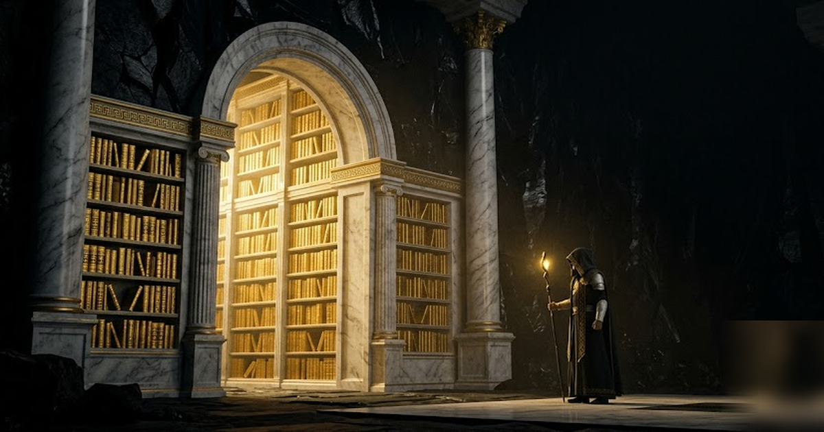 A sealed Greek library of golden tomes inside an obsidian vault with a single guardian figure, gold light not escaping the stone, cinematic wide shot, void-black and satin-gold, frameless, no text, no
