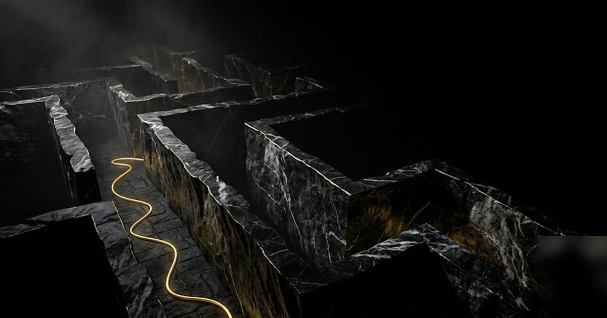 The Minotaur's labyrinth rendered as black marble corridors with a golden thread leading only inward, no exit for the secret, void-black background, satin-gold detail, cinematic, frameless, no text, n