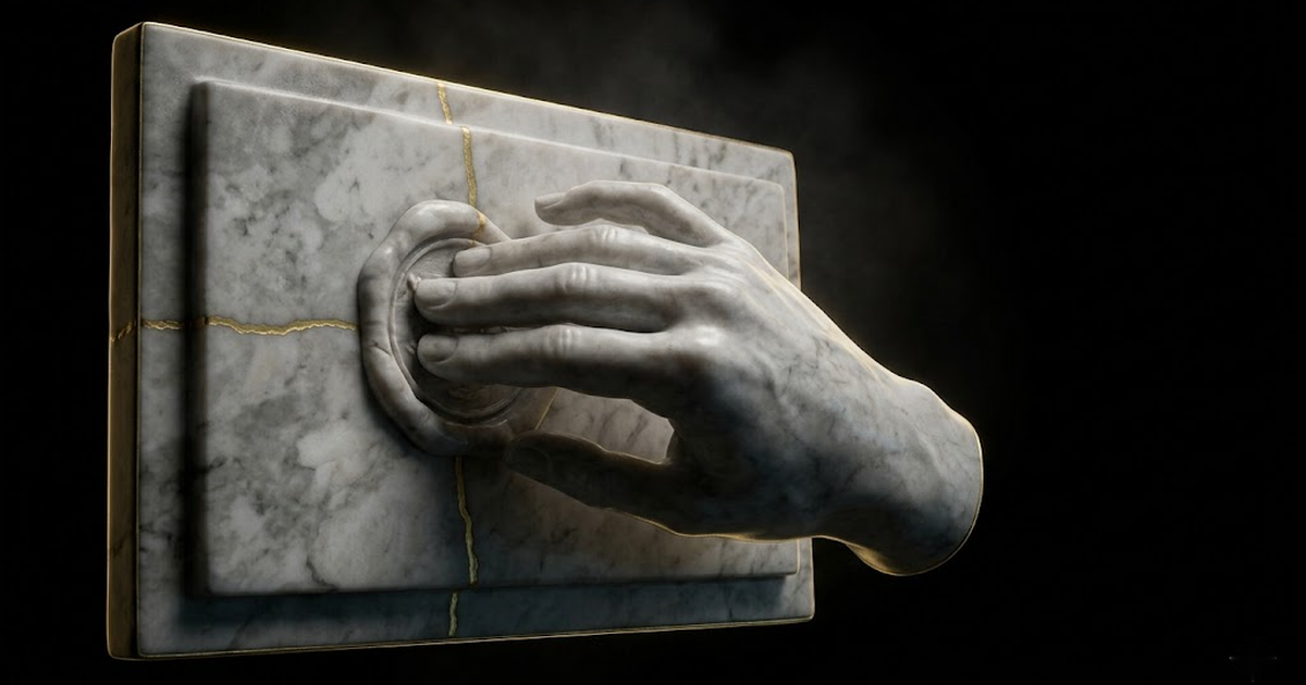 A marble hand pressing a seal onto a tablet, a thin gold seam running through the stone