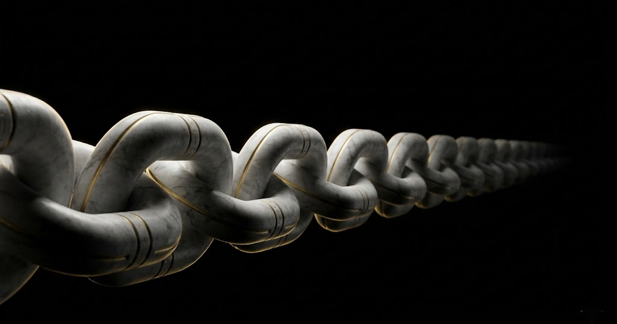 An unbroken marble chain of interlocking links receding into darkness, each touched with gold