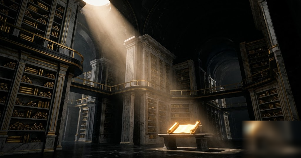 Cinematic wide shot of a colossal Library of Alexandria reimagined in void-black marble, towering shelves veined with satin gold, a single shaft of warm light falling on one glowing golden scroll, no 
