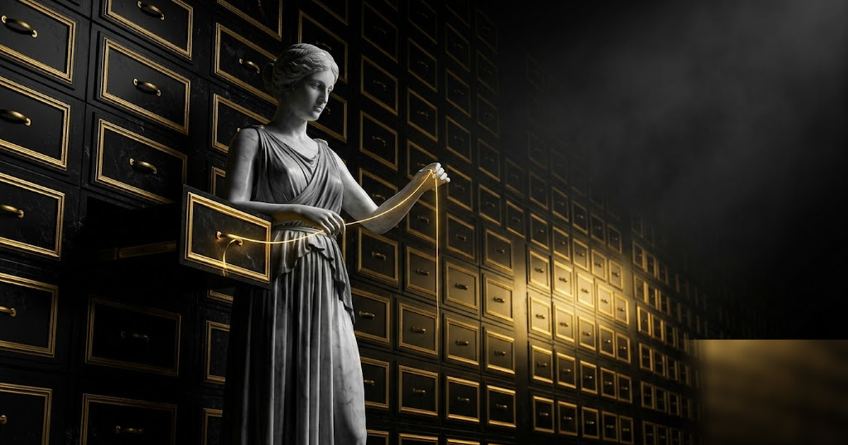 Mnemosyne, Greek goddess of memory, standing before an endless wall of black marble drawers each rimmed with gold, a golden thread of recollection drawn from one open archive, void-black and satin-gol