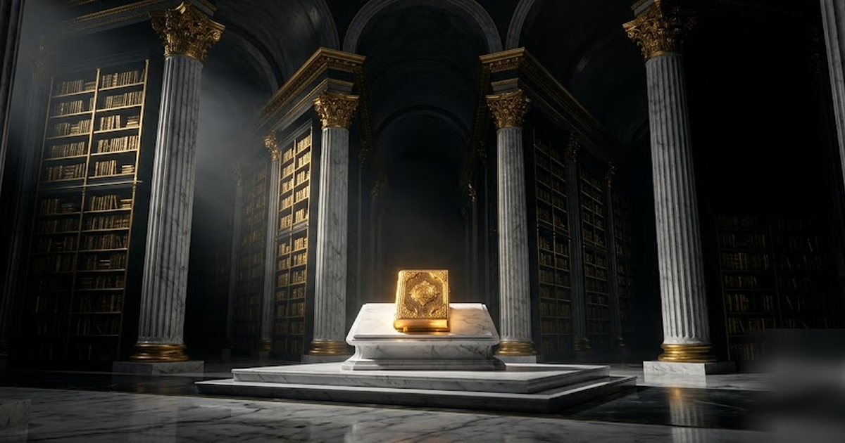 A vast obsidian catalogue hall, columns of black marble crowned with gold, countless gold-edged tomes receding into darkness, a single sealed golden index glowing on a central altar, cinematic Greek p