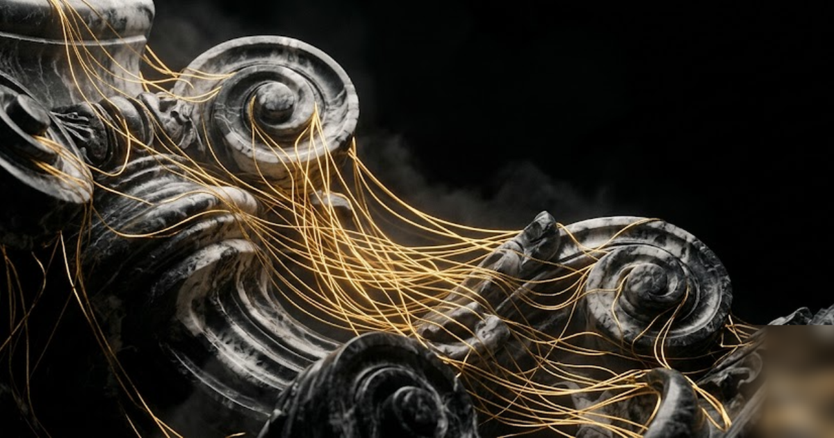 Close cinematic study of golden threads weaving between black marble scrolls, each thread a retrieved citation glowing faintly, void-black background, satin-gold accents, no text, no UI, no charts, no
