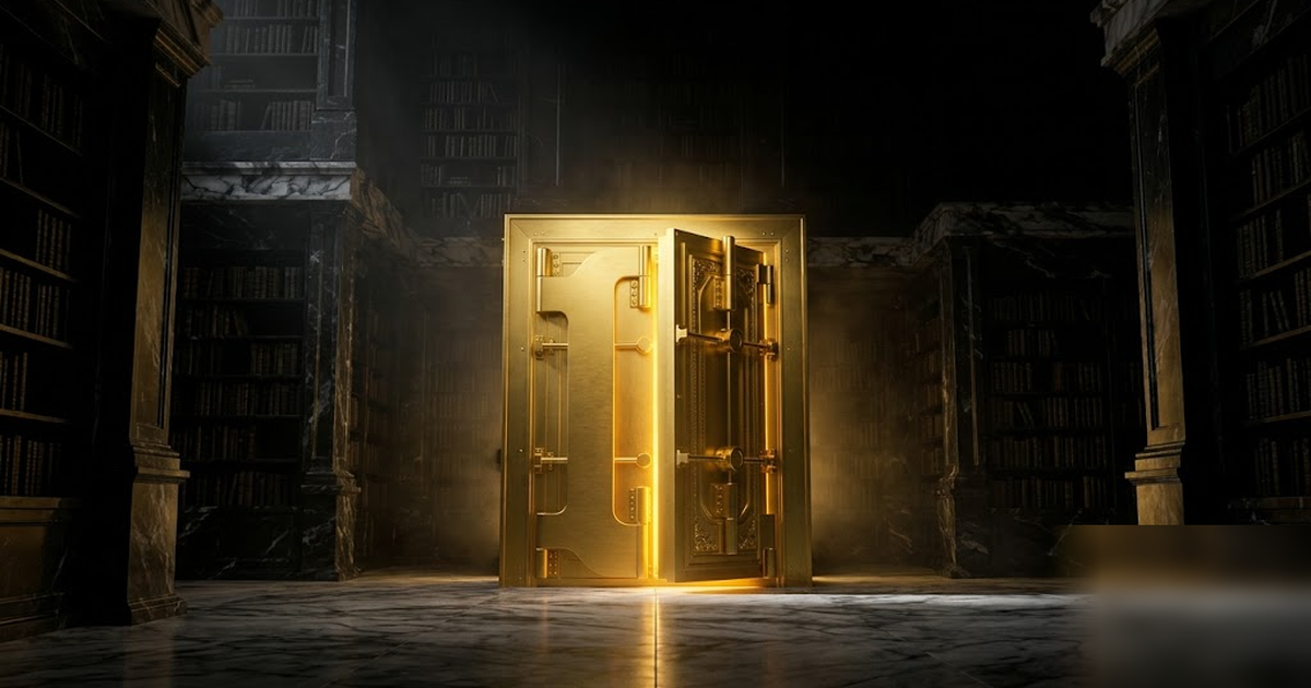 A sealed golden vault at the heart of a black marble library, no external door visible, light radiating from within, sovereign and self-contained, no people in offices, no UI, frameless, no watermark