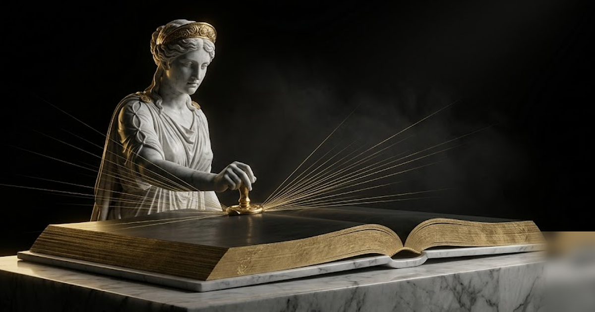 The goddess of memory pressing a golden seal into a black marble ledger, fine gold filaments radiating outward, void-black background, satin-gold accents, no text, no watermark