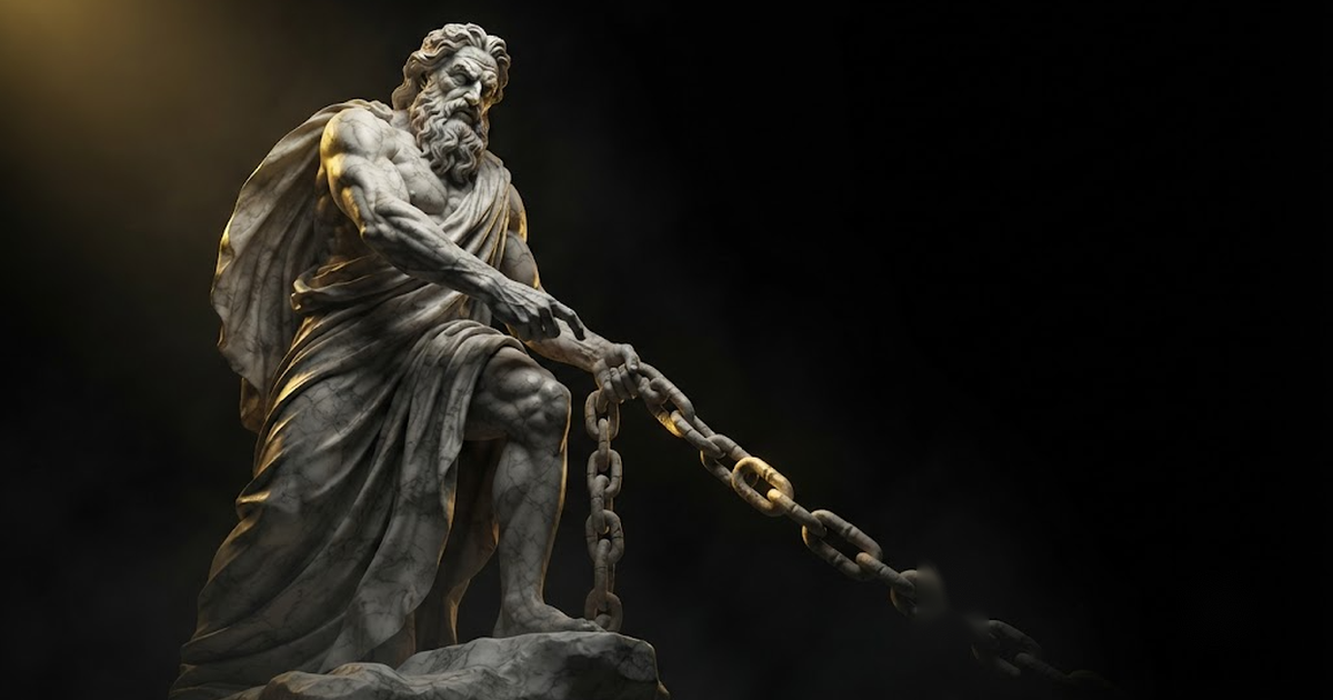 A colossal marble statue of the primordial Chronos gripping an unbroken chain of stone links, lit by gold light against a black void.