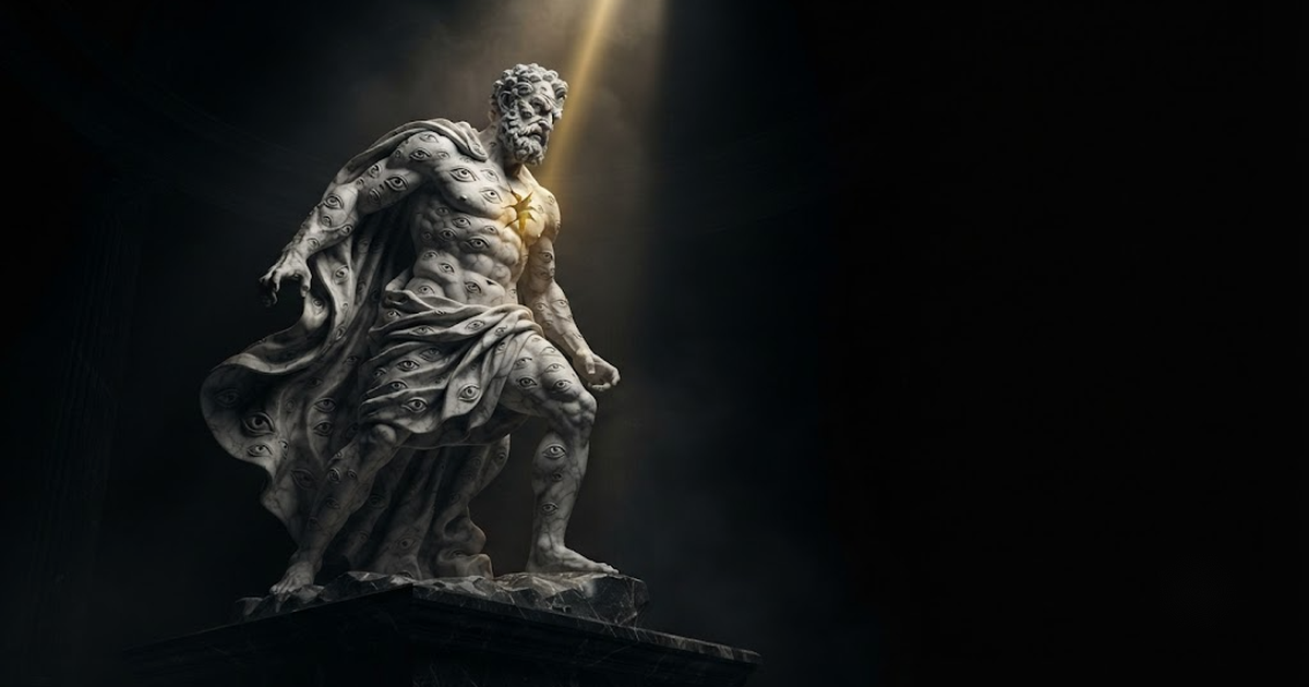A colossal marble statue of Argus Panoptes covered in watchful eyes turning toward a single flaw, lit by gold light against a black void.