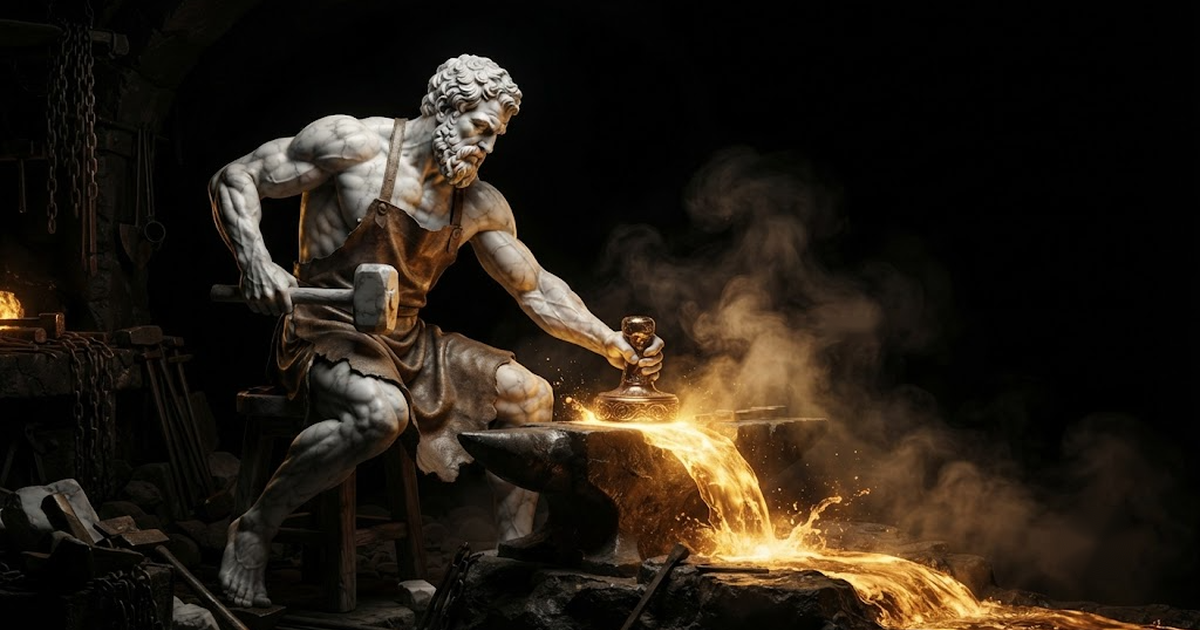 A colossal marble statue of Hephaestus pressing a seal into molten metal at his forge, lit by gold light against a black void.