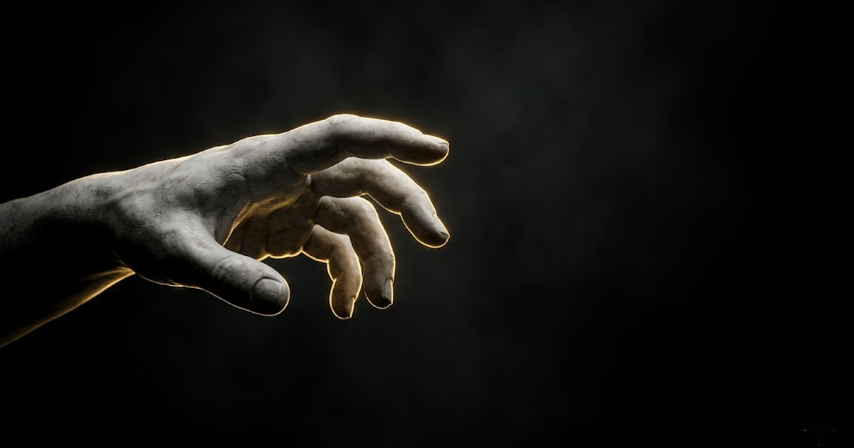 A marble hand emerging from darkness, reaching forward, edged in gold light.