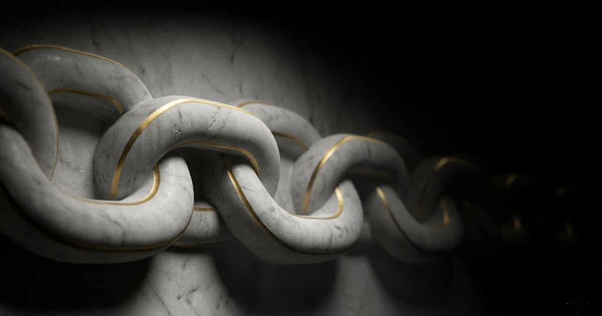 A carved marble chain of interlocking links, lit in gold, fading into darkness.