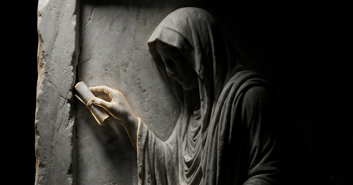 Marble relief of a furtive figure passing a hidden scroll through a temple wall, symbolising data leaving unseen