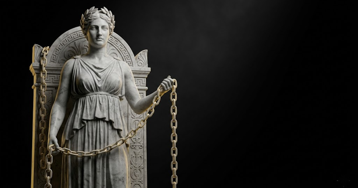 Marble figure of Themis holding an unbroken chain anchored to a stone stele, symbolising an append-only hash-chained ledger