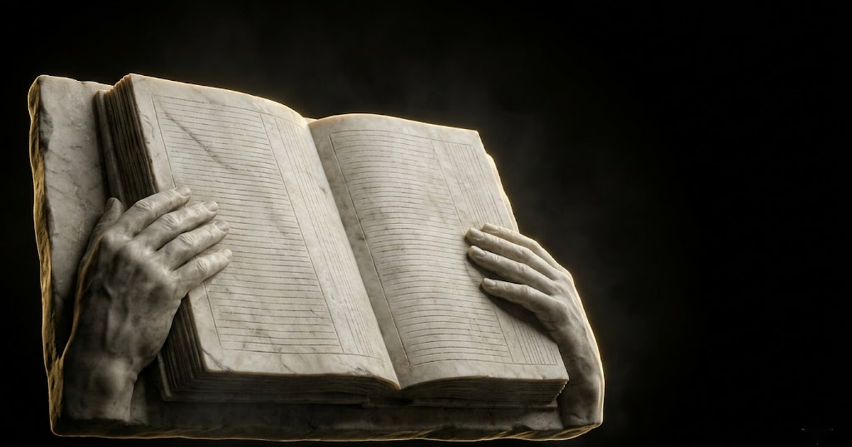 Marble hands holding an open stone tablet with faint chained incised lines, lit by a single gold rim light on void black.