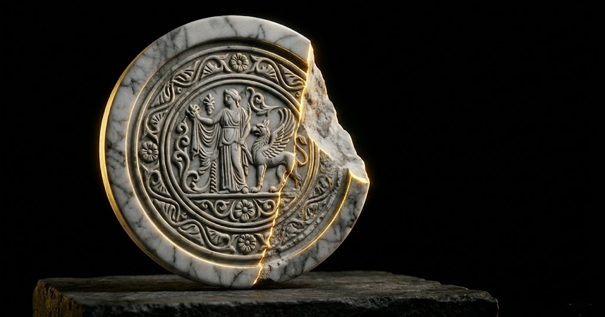 A marble wax seal on a stone disc with a clean fracture, gold rim light catching the broken edge against void black.