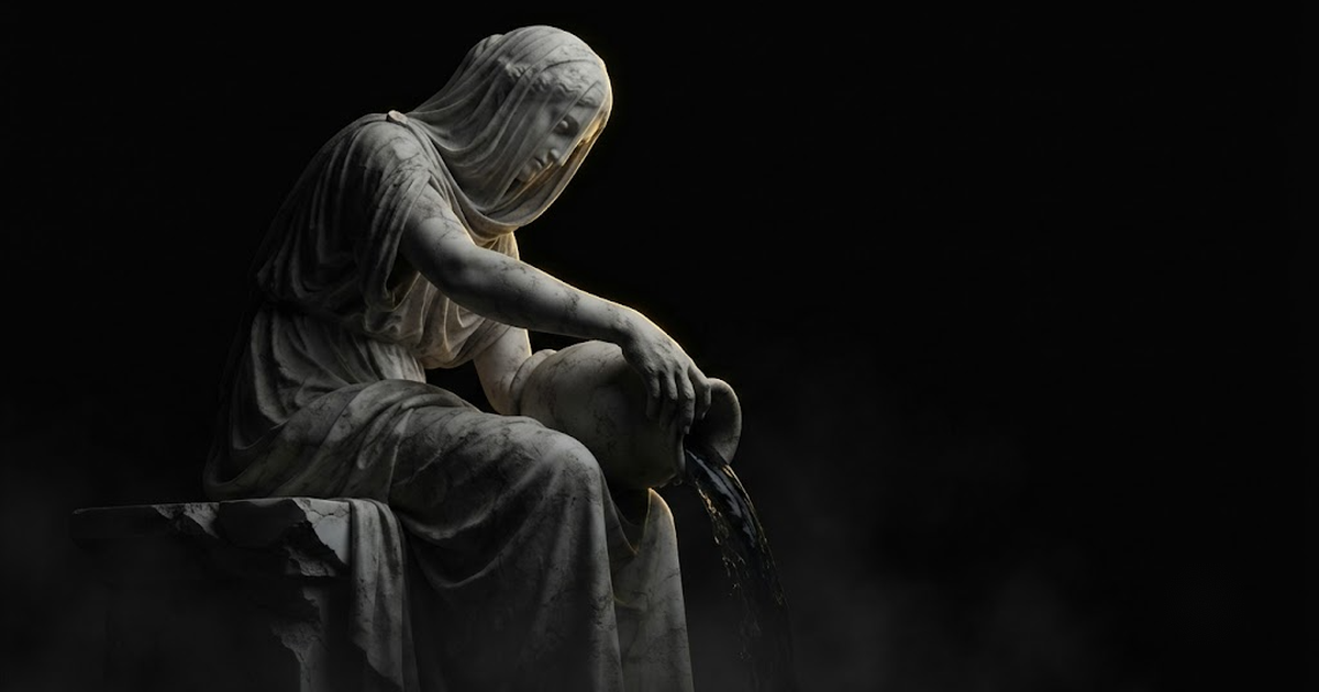 A colossal sombre marble figure pouring water that vanishes into darkness, lit by a thin gold rim of light against black.
