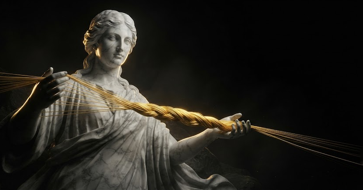 A serene colossal marble figure binding many fine gold cords into one taut woven strand against a black background.