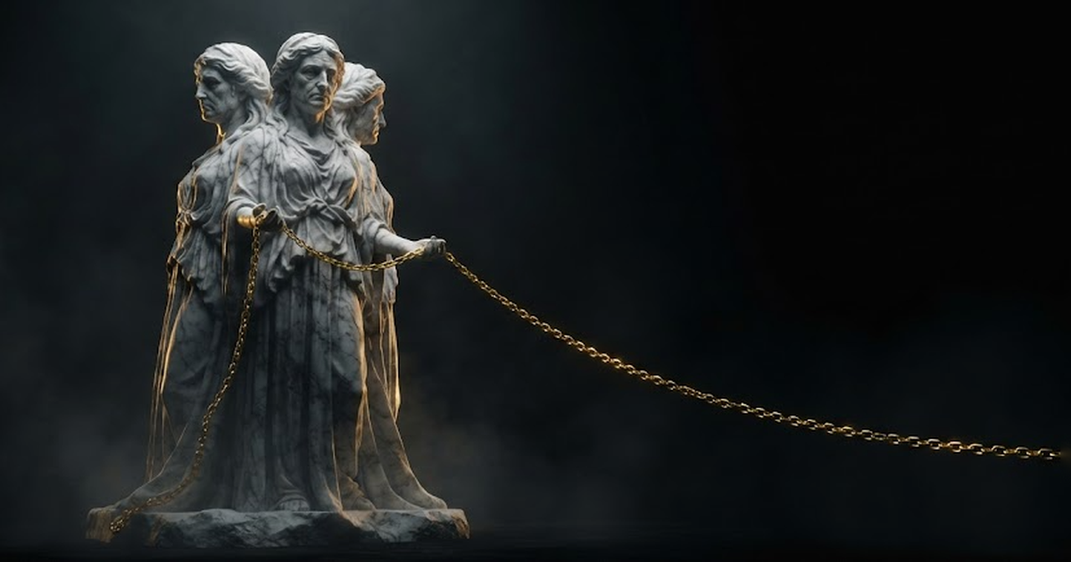 A towering three-faced marble figure holding a single unbroken gold thread that recedes link by link into darkness.