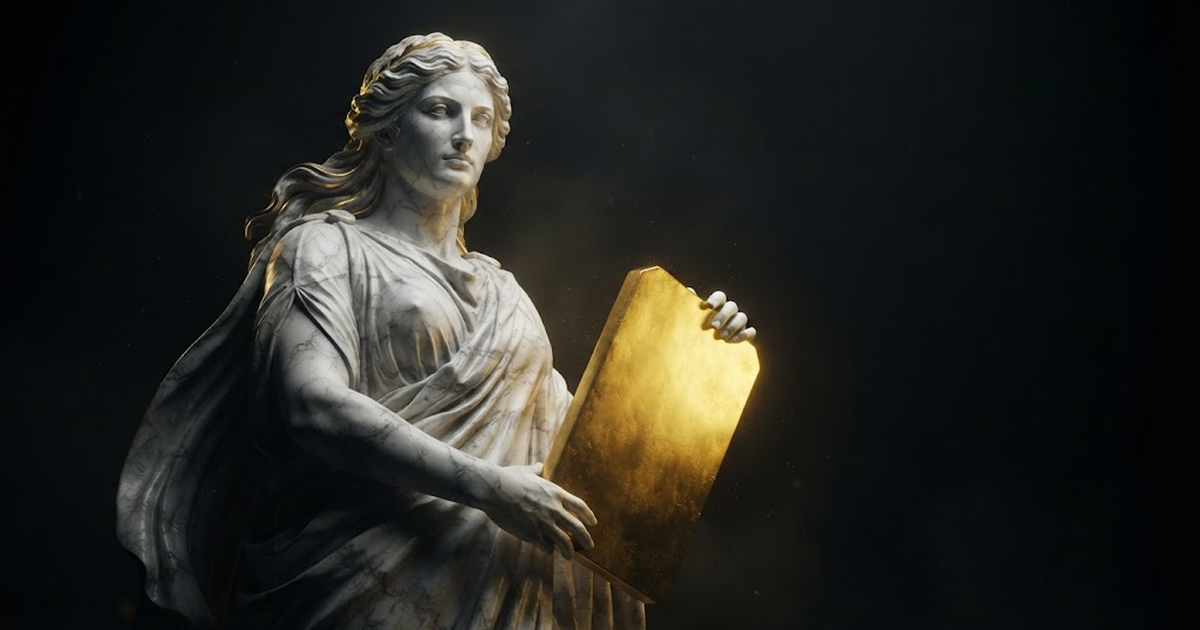 A majestic colossal marble titaness holding a great sealed glowing gold tablet, gazing steadily into darkness.