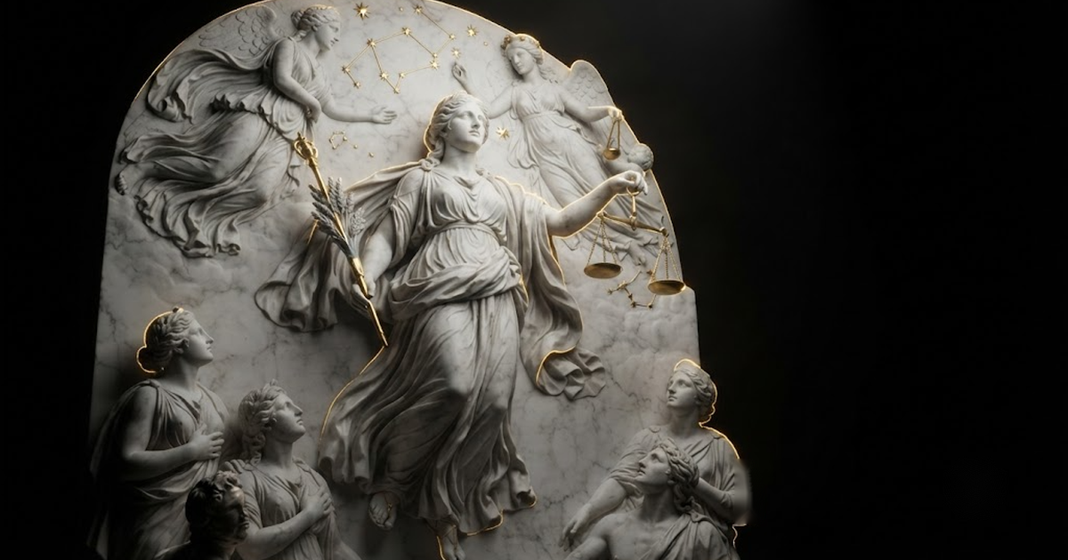 Classical marble scene, Astraea, gold rim light on void black