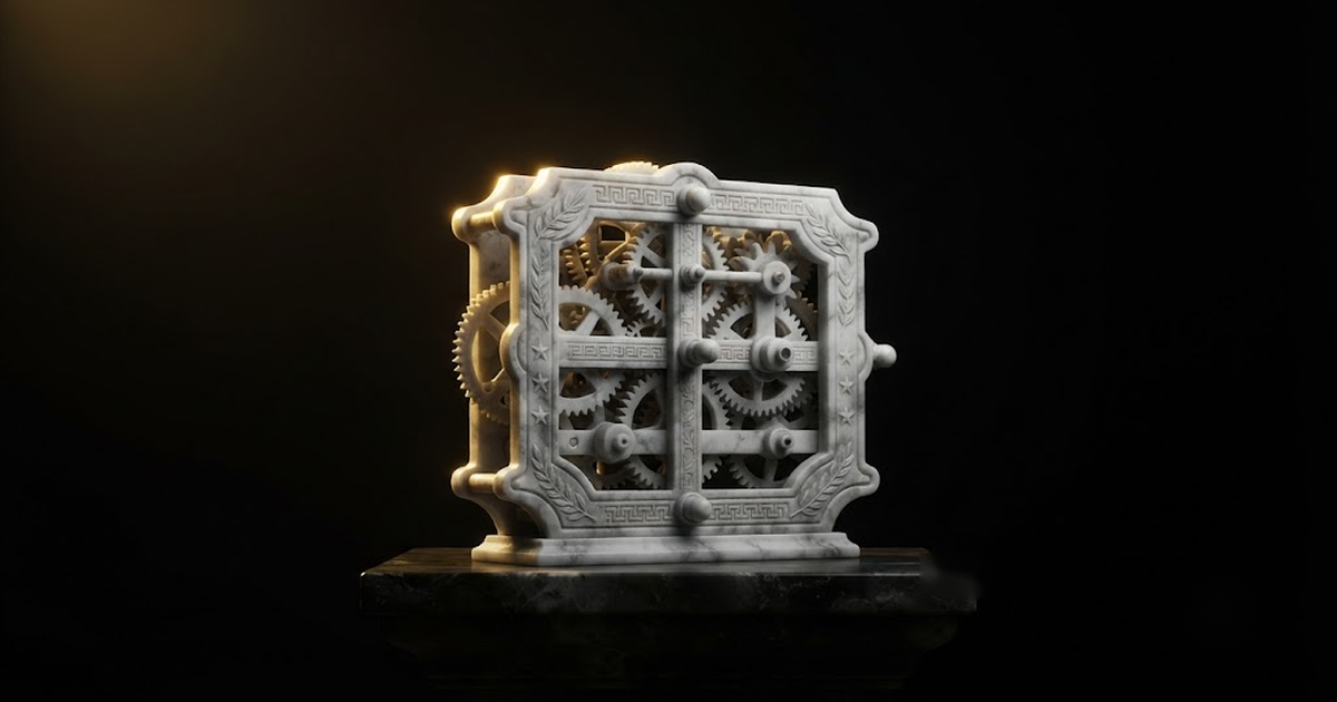 Classical marble scene, Daedalus, gold rim light on void black