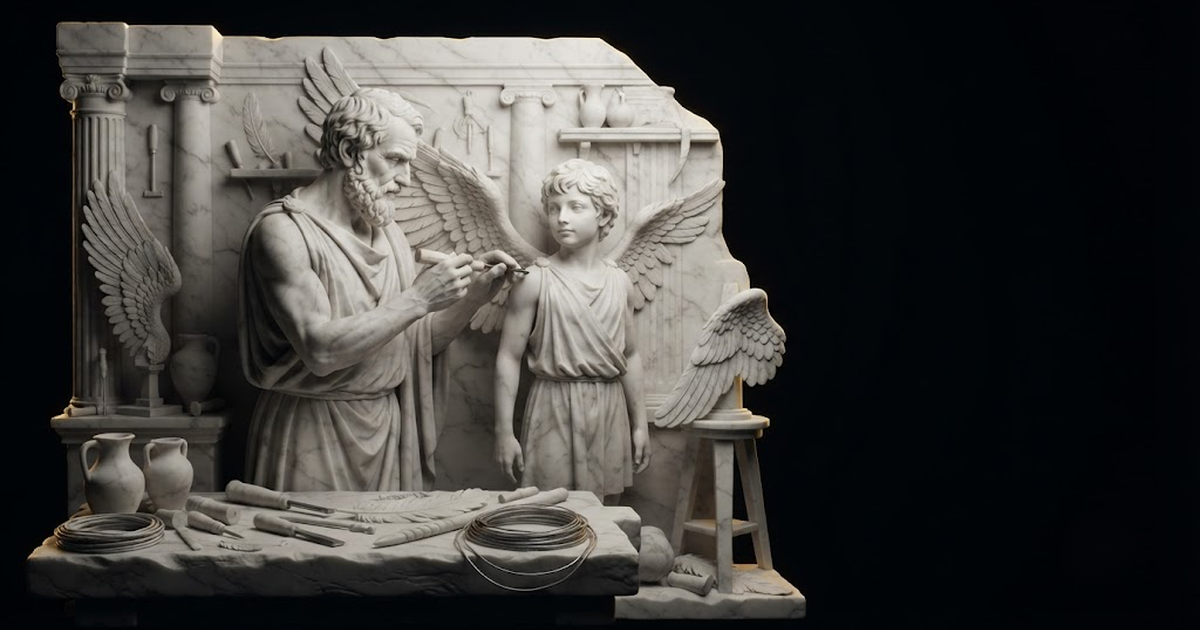 Classical marble scene, Daedalus, gold rim light on void black