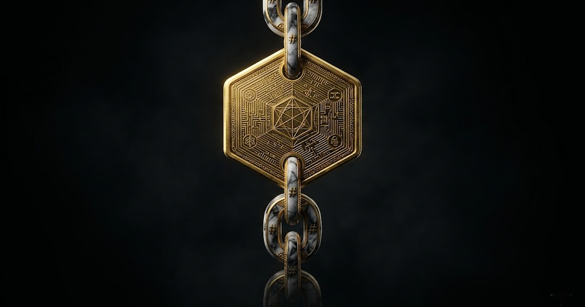 A single hexagonal lattice-engraved golden seal at the head of a descending chain of identical interlocking links against a black ground, representing a hash-chained audit record.