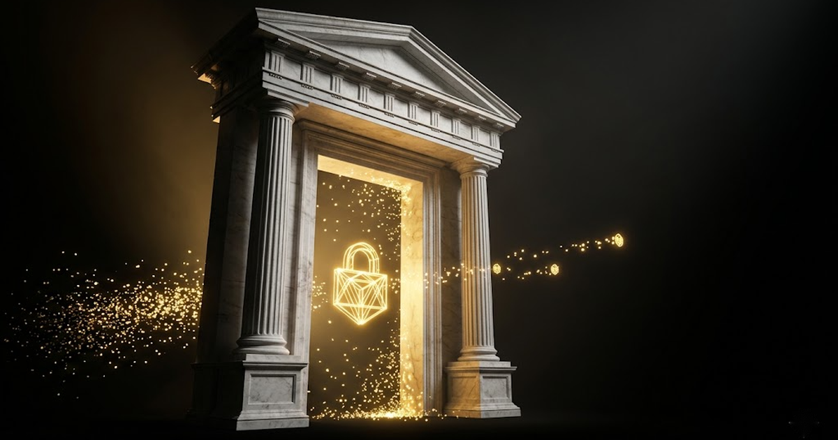 A marble temple gateway with a golden contract glyph in its threshold, admitting only the light-particles that carry a matching seal-mark and holding back the rest.