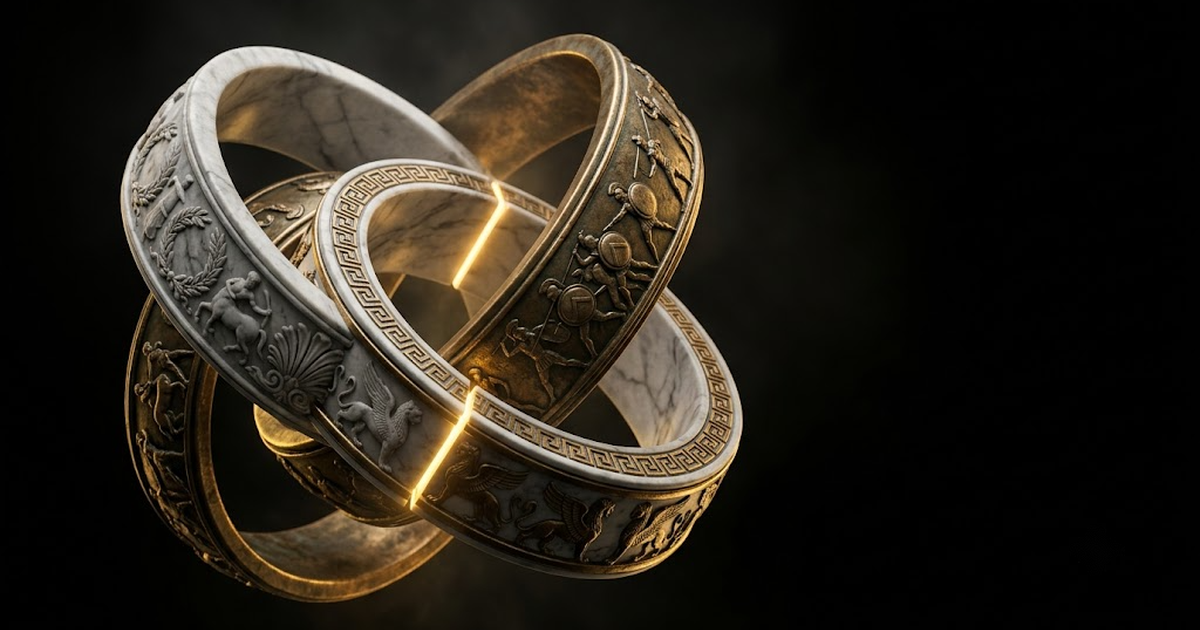 Three interlocking rings labelled with the ideas of owning intelligence, proving its actions, and sparing the commons, glowing in gold against a dark ground