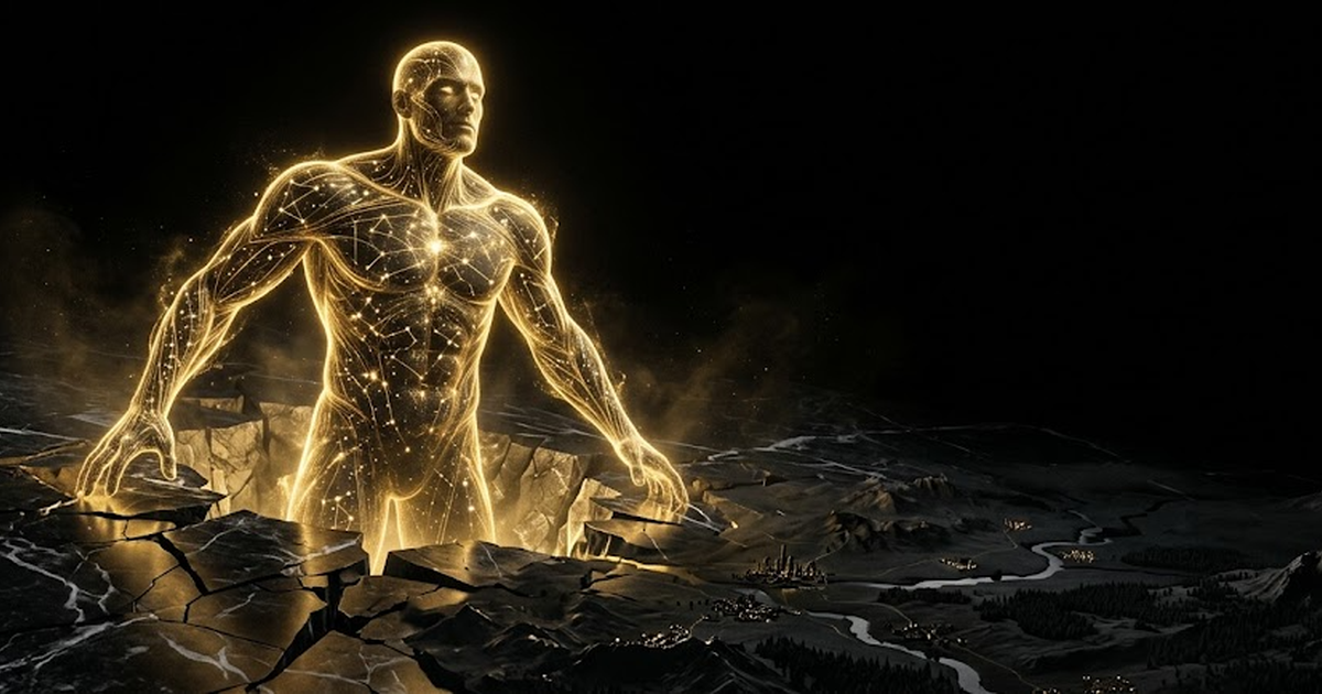 A colossal golden titan of light rising from black marble, its form woven from constellations, looking out over a darkened landscape