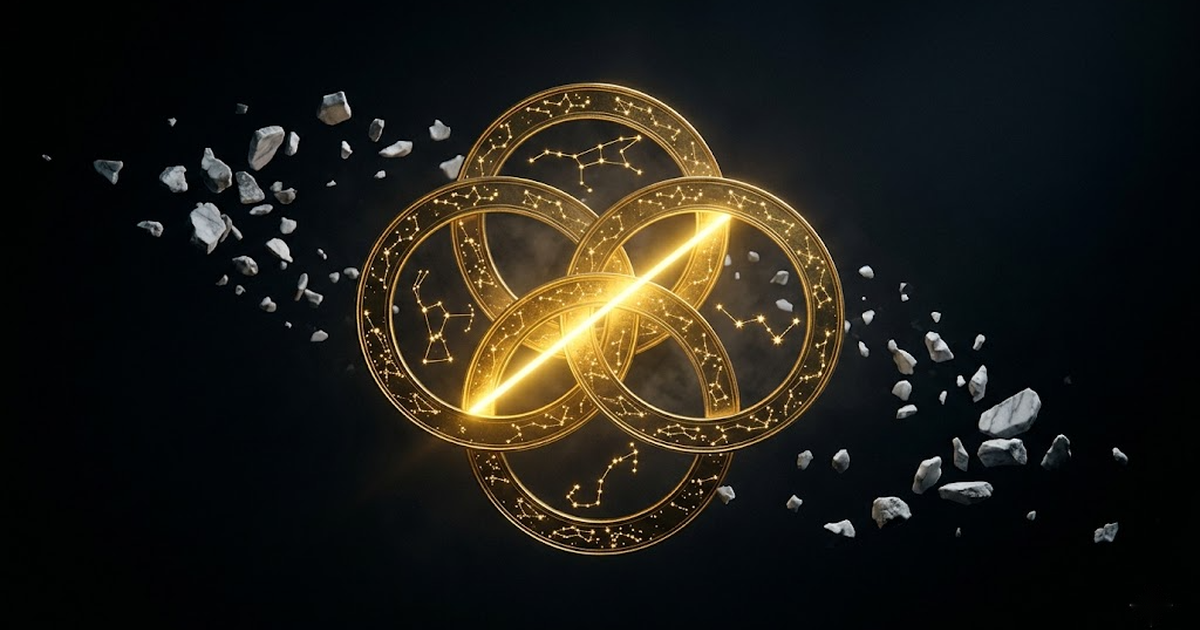 Four interlocking golden rings suspended in a void, each ring formed of a different constellation, light passing through all four