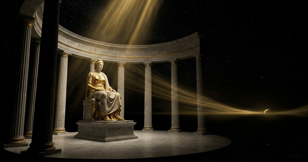 A golden oracle figure seated within an open marble pantheon, light flowing both inward from the stars and outward to the world, none of it walled off
