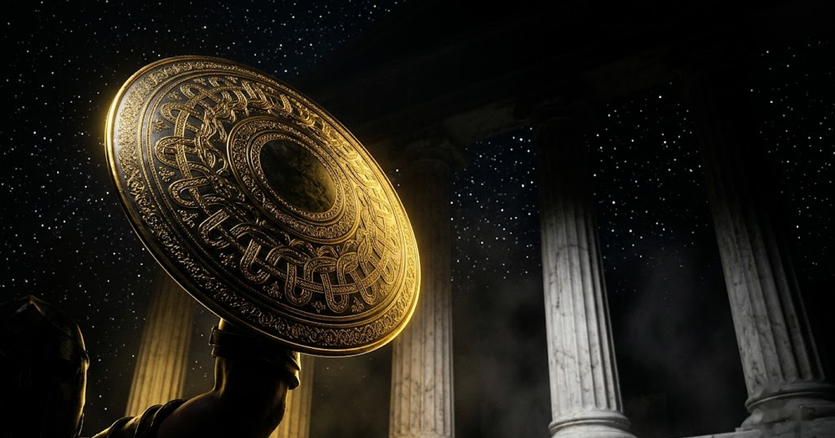 A golden aegis shield held aloft against a field of stars, its surface engraved with an unbroken hash chain of light, marble columns rising into darkness behind it