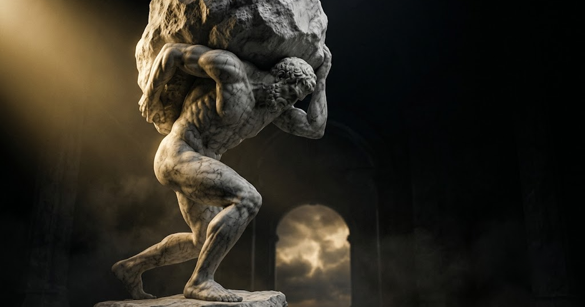 Colossal marble statue of Atlas bearing a great weight on his shoulders in darkness lit by gold light