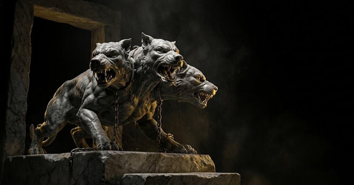 Colossal three headed marble hound Cerberus guarding a threshold in darkness lit by gold light