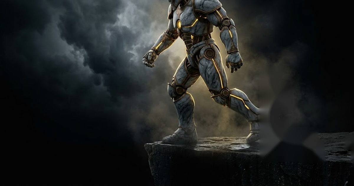 Colossal marble and bronze automaton Talos striding as a guardian in darkness lit by gold light