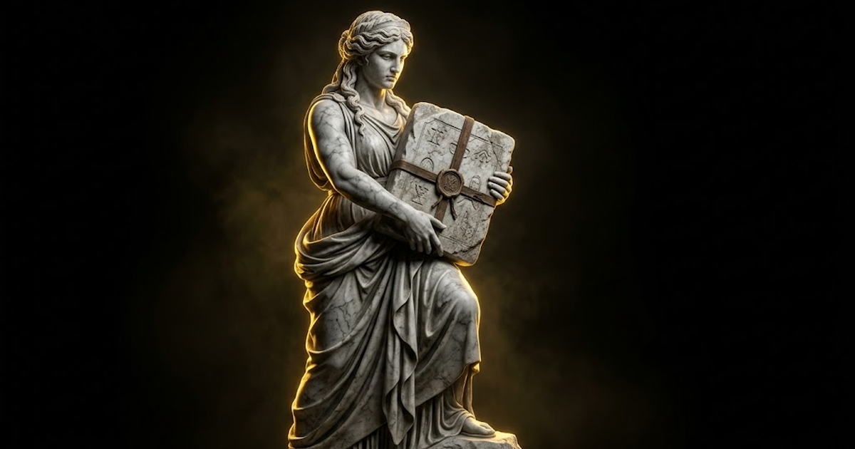 A colossal marble statue of the Titan Mnemosyne holding a sealed tablet close to her chest, lit by gold light against black.