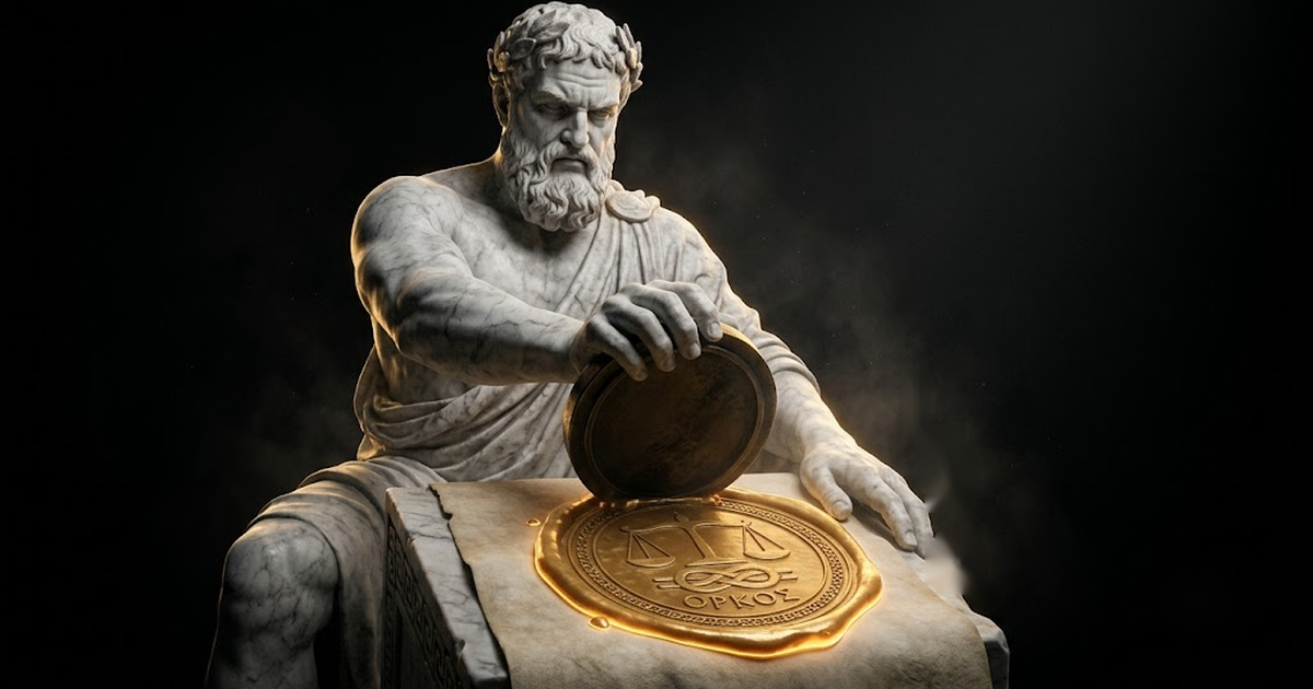 A colossal marble statue of the Titan Atlas guarding a sphere held close, gold light on his shoulders against black.